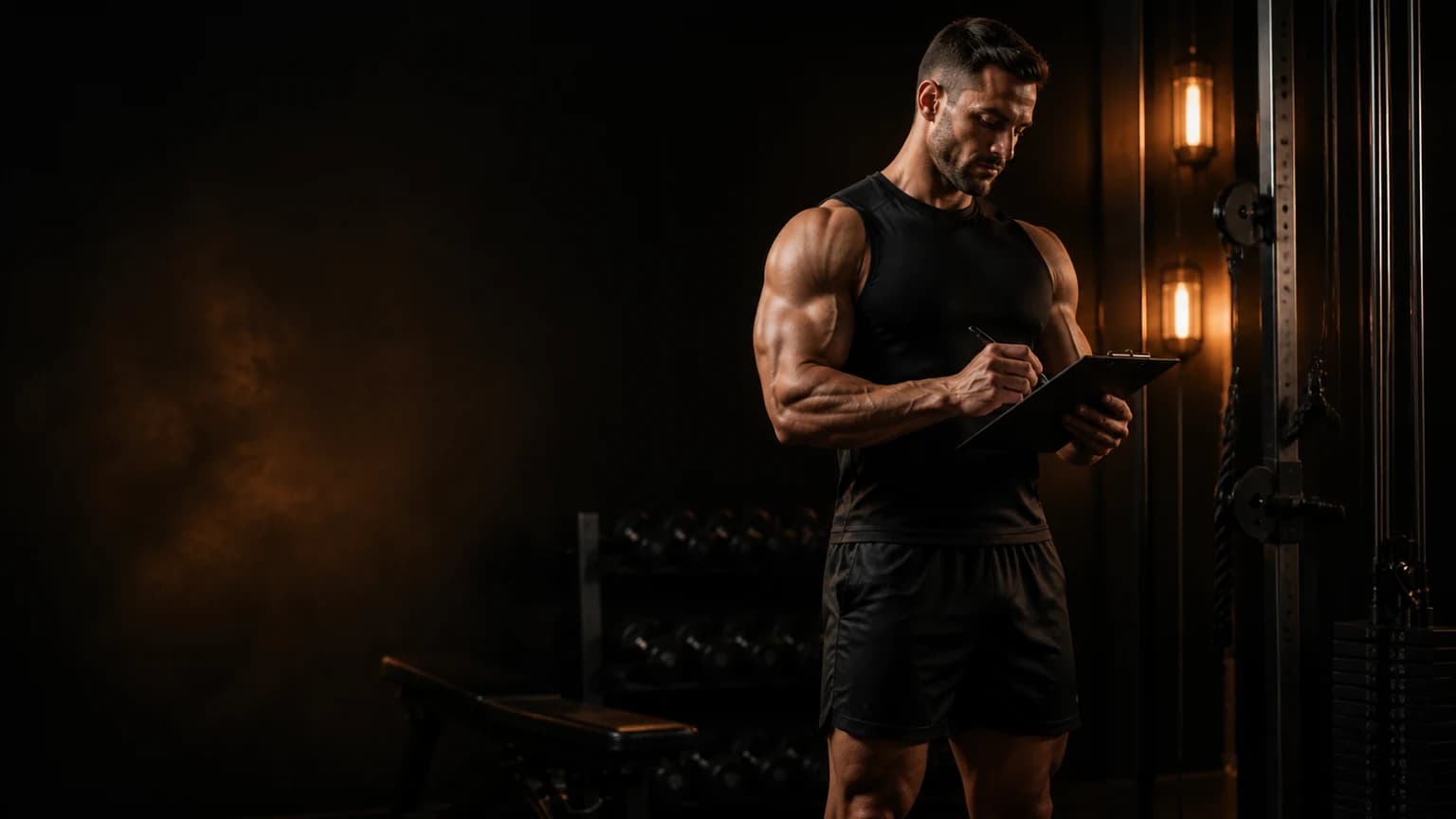 A bodybuilder records direct weekly sets beside a controlled cable exercise in warm bronze gym light